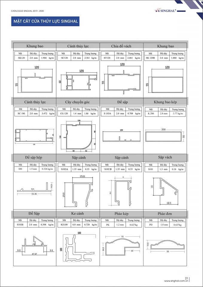 Mặt cắt Profile nhôm hệ thuỷ lực SingHal